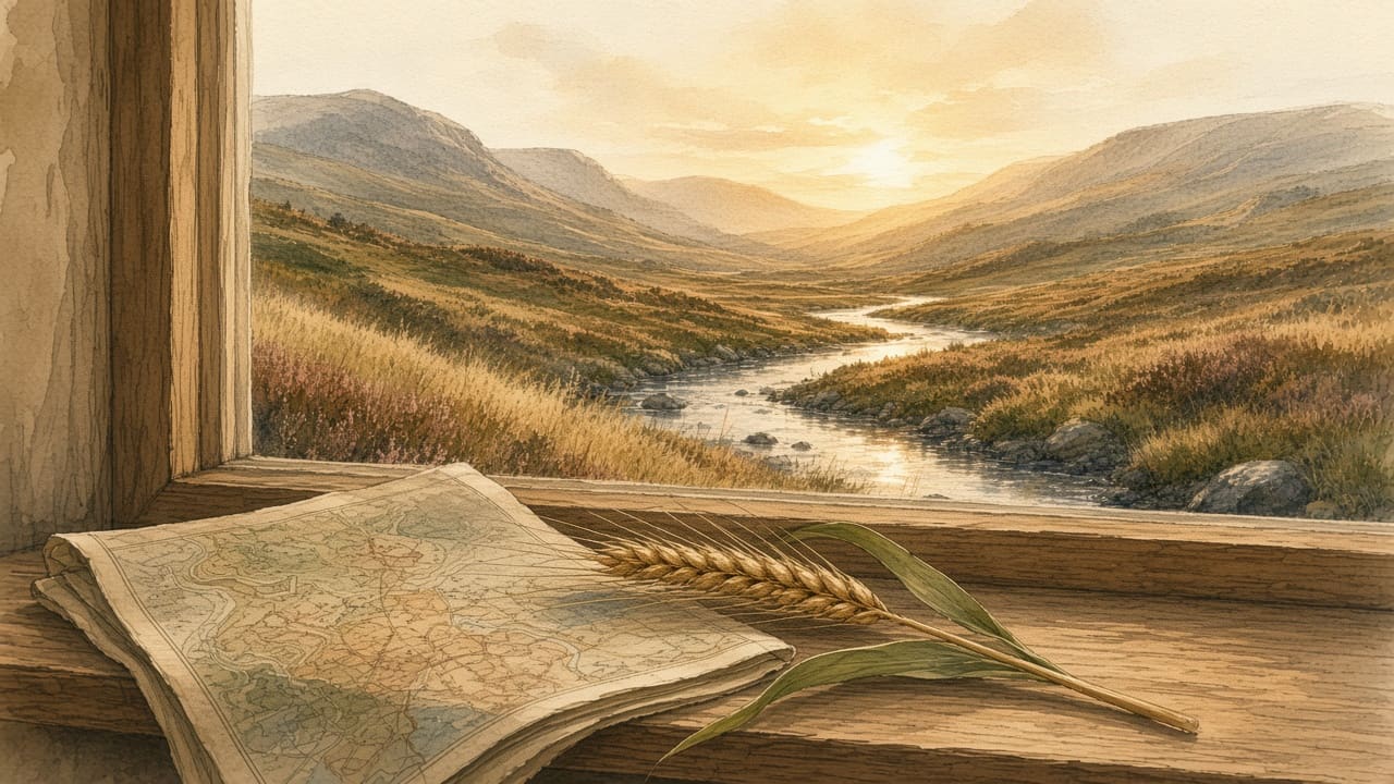 Watercolour of a folded map and barley on a windowsill, looking onto a glen