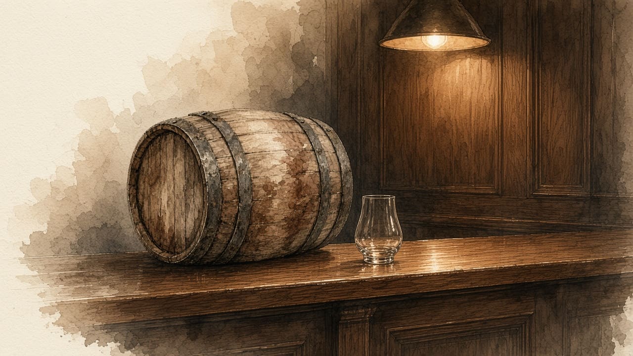 Watercolour of a quiet wood-panelled bar and an empty glass