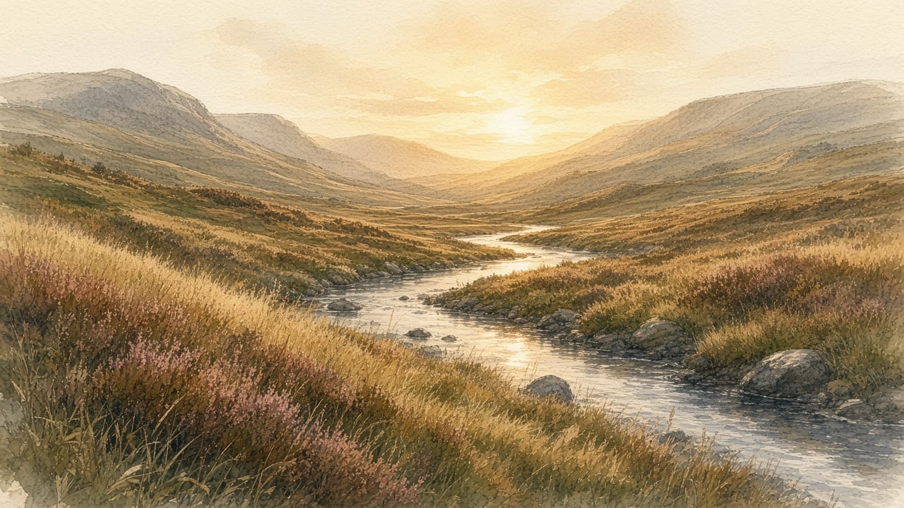 Watercolour of a Highland glen and river in late light