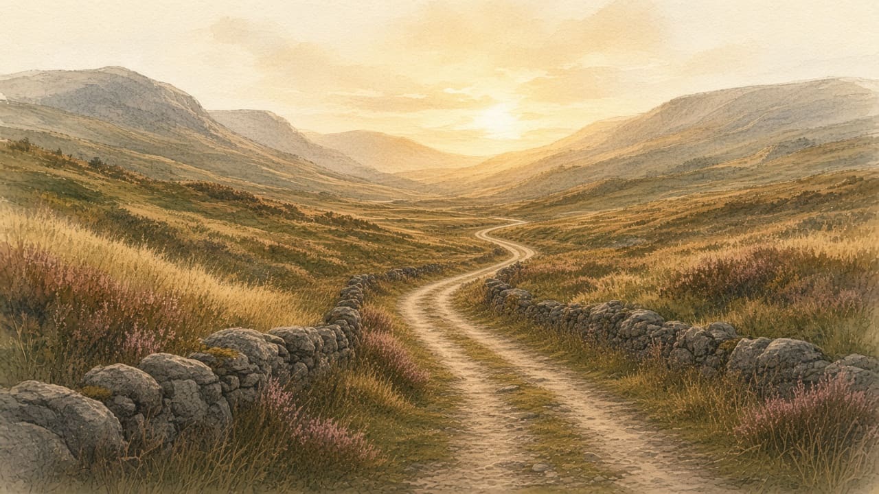 Watercolour of a single-track road through a glen at sunset