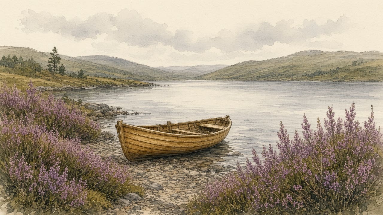 Watercolour of a wooden boat on a loch, with heather on the shore
