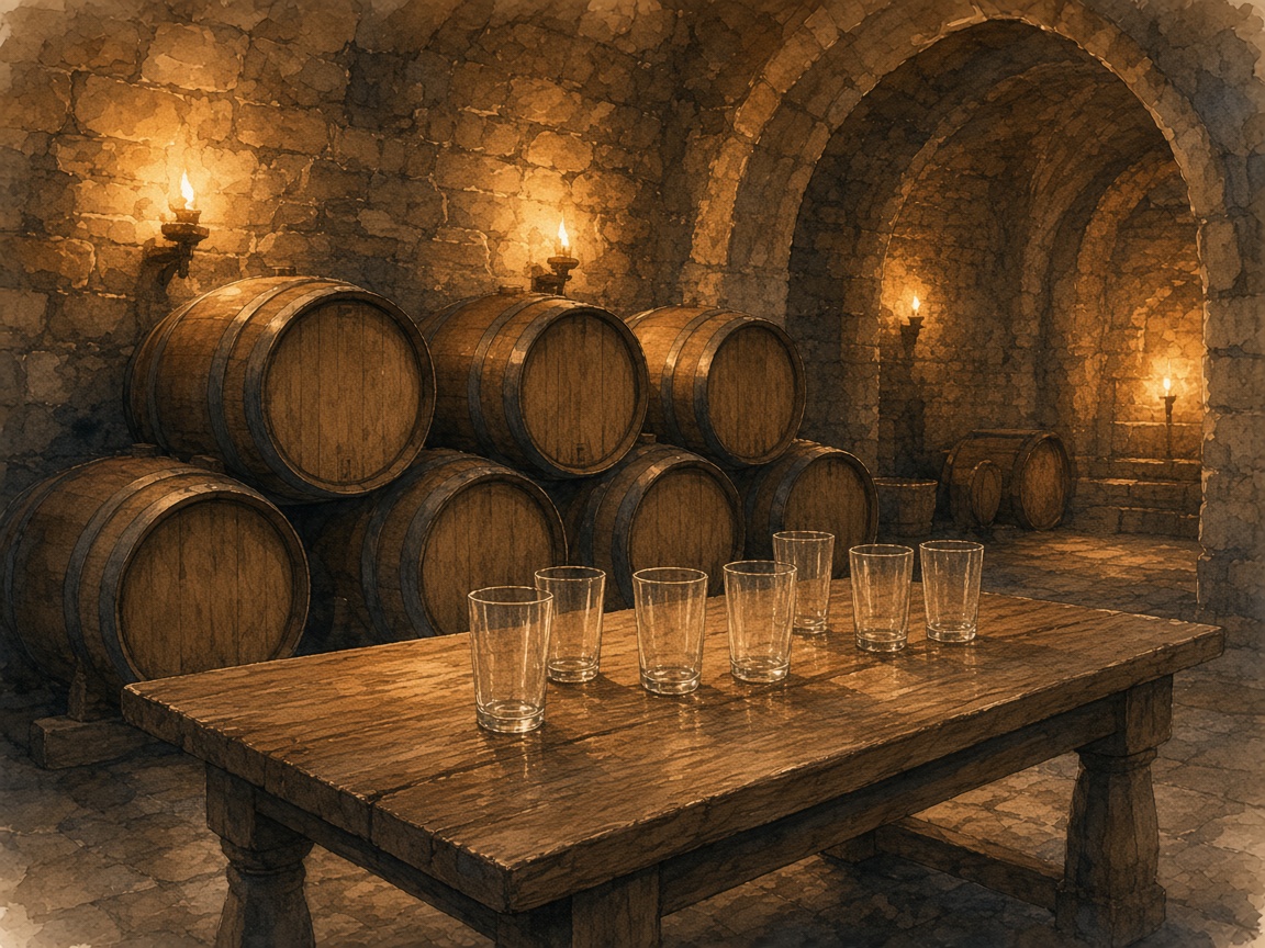 Watercolour of oak casks in a stone cellar