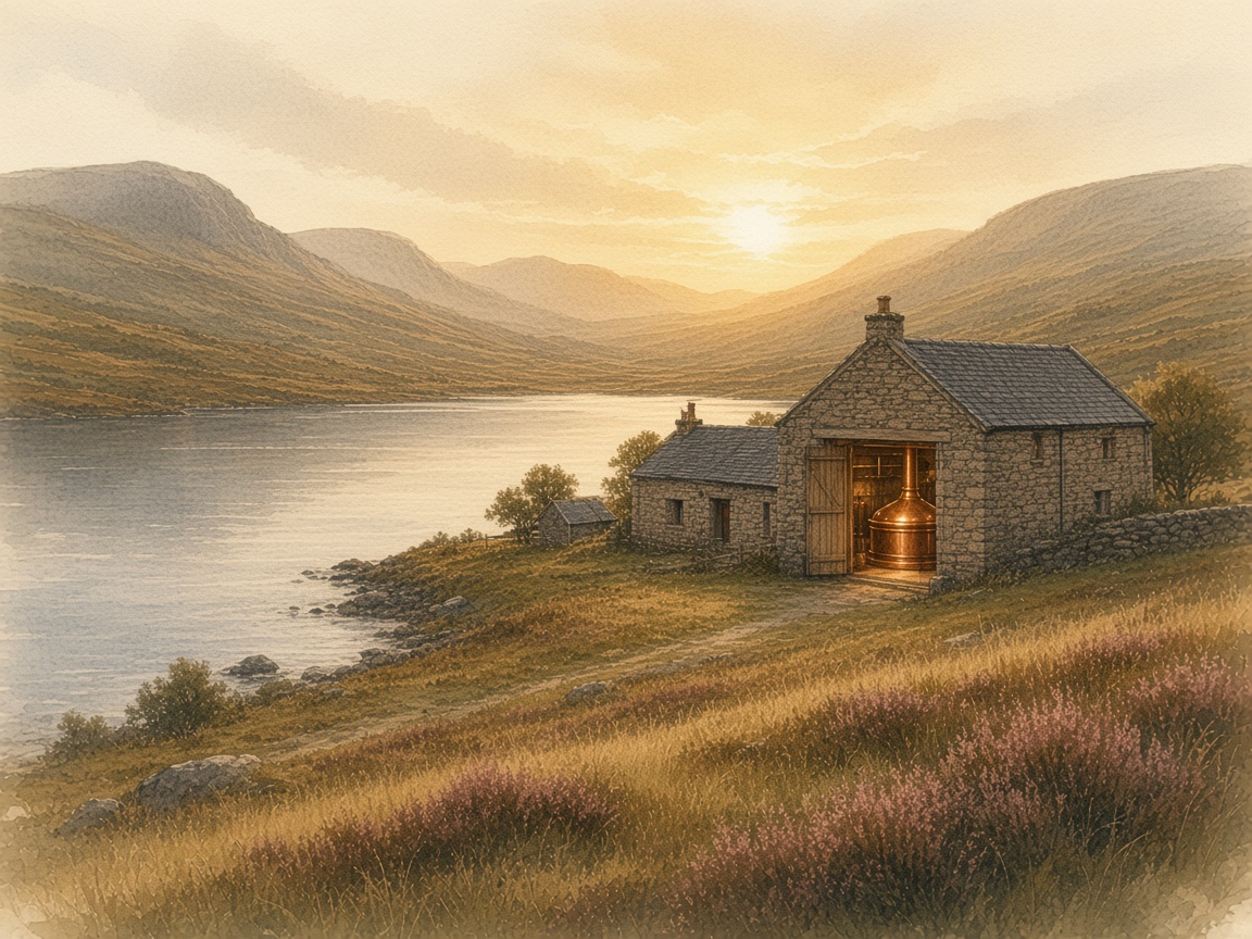 Watercolour of a stone brewery beside a loch, with a copper vat in the doorway