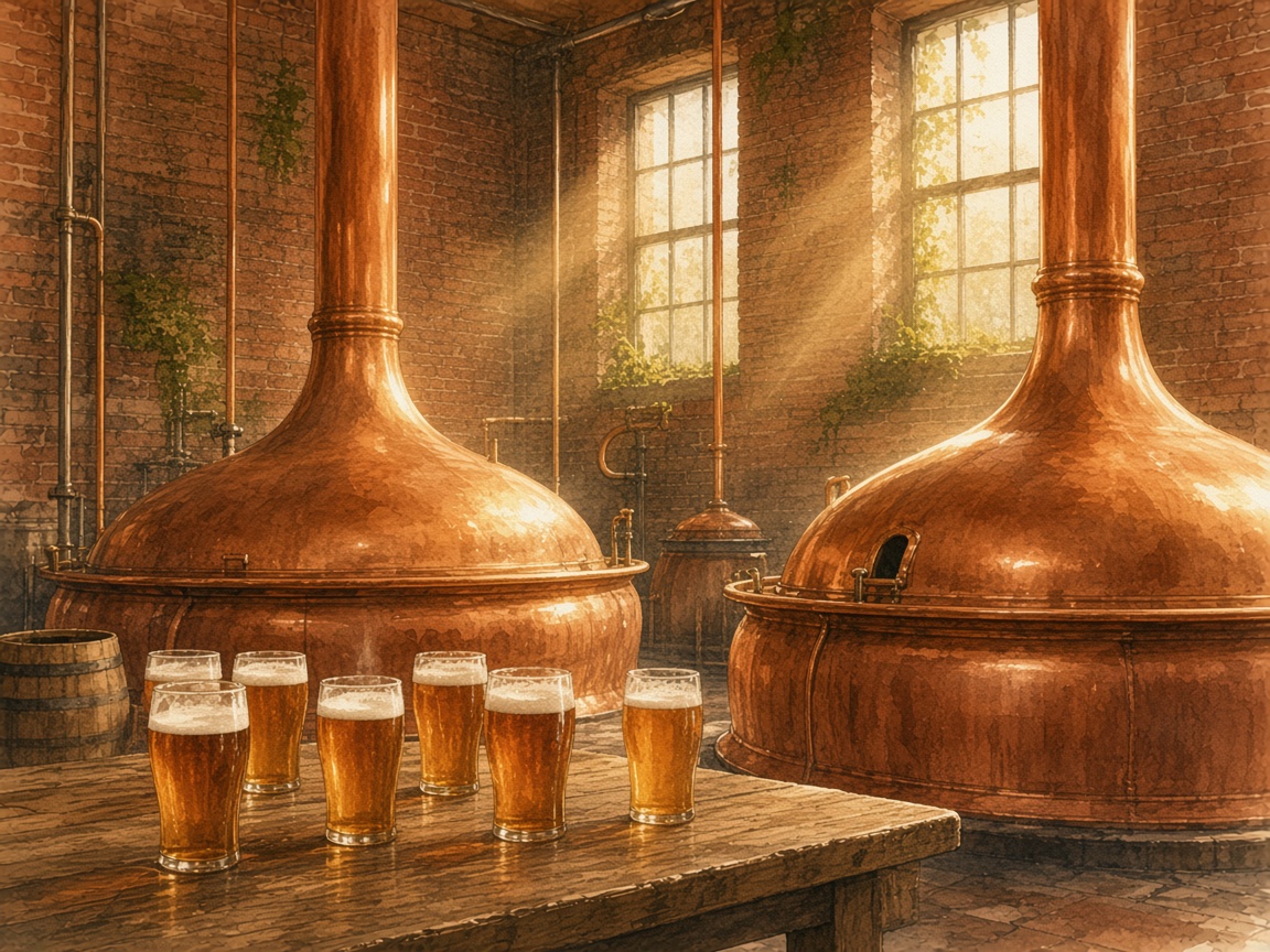 Watercolour of copper brewing vessels in a brick brewery
