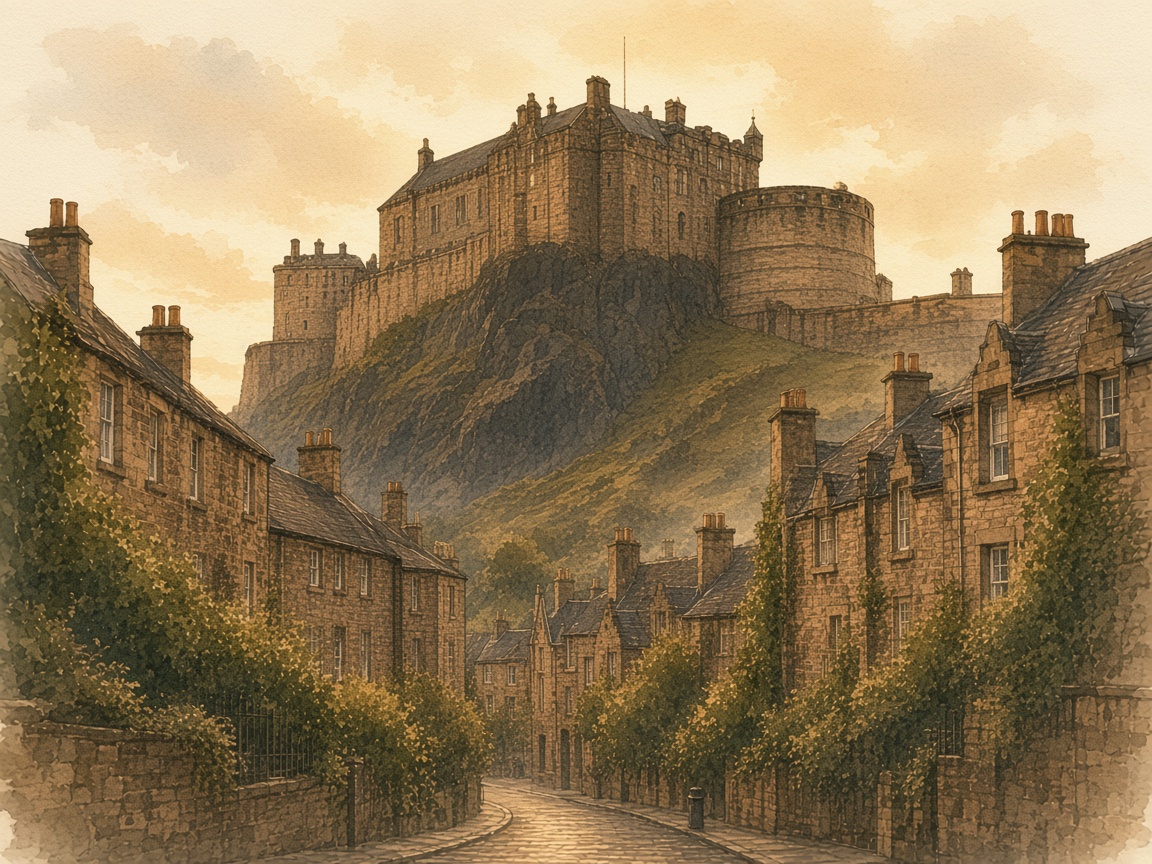 Watercolour of Edinburgh Castle above a steep old-town street