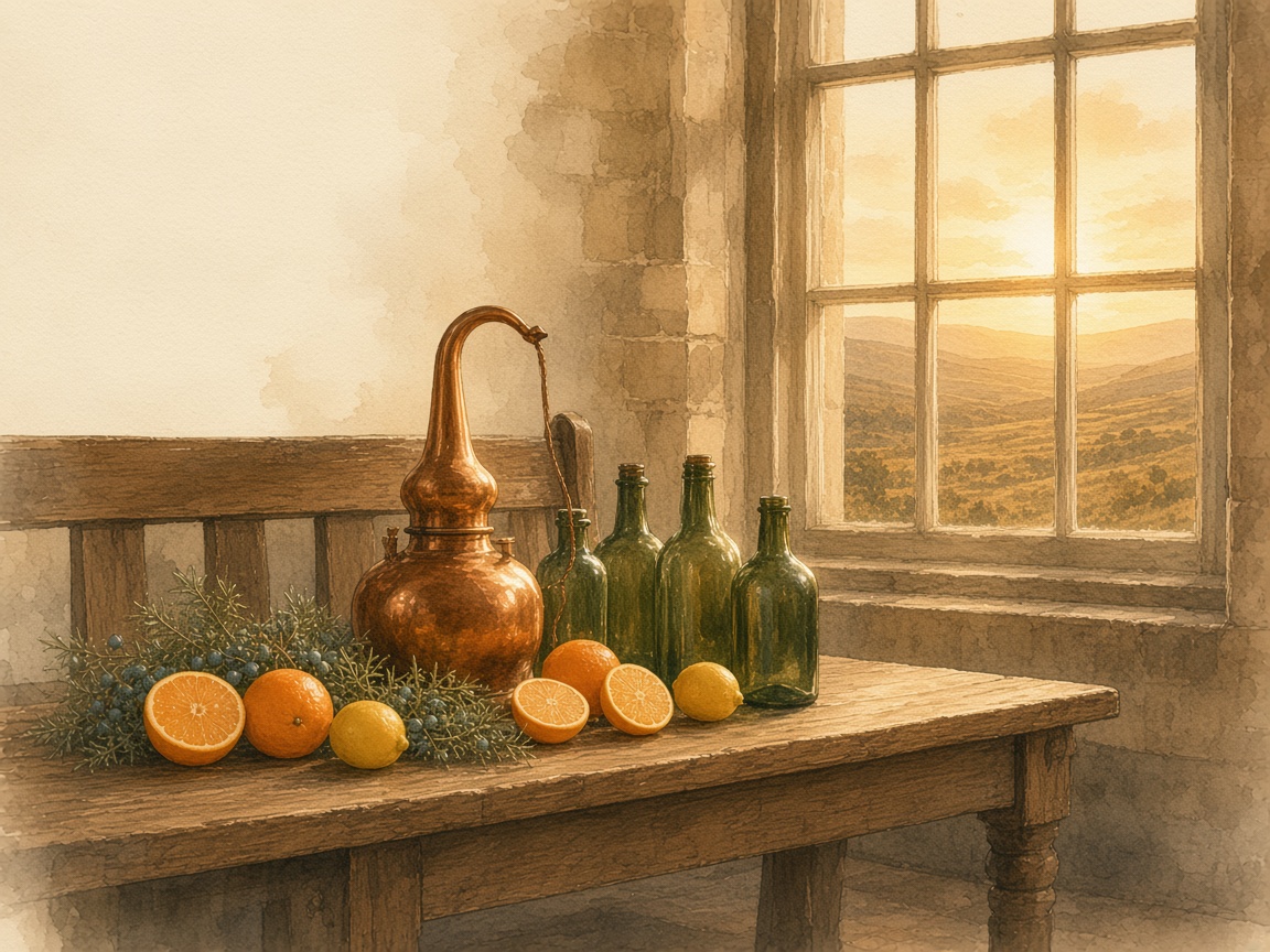 Watercolour of a copper gin still by a window, with citrus and juniper