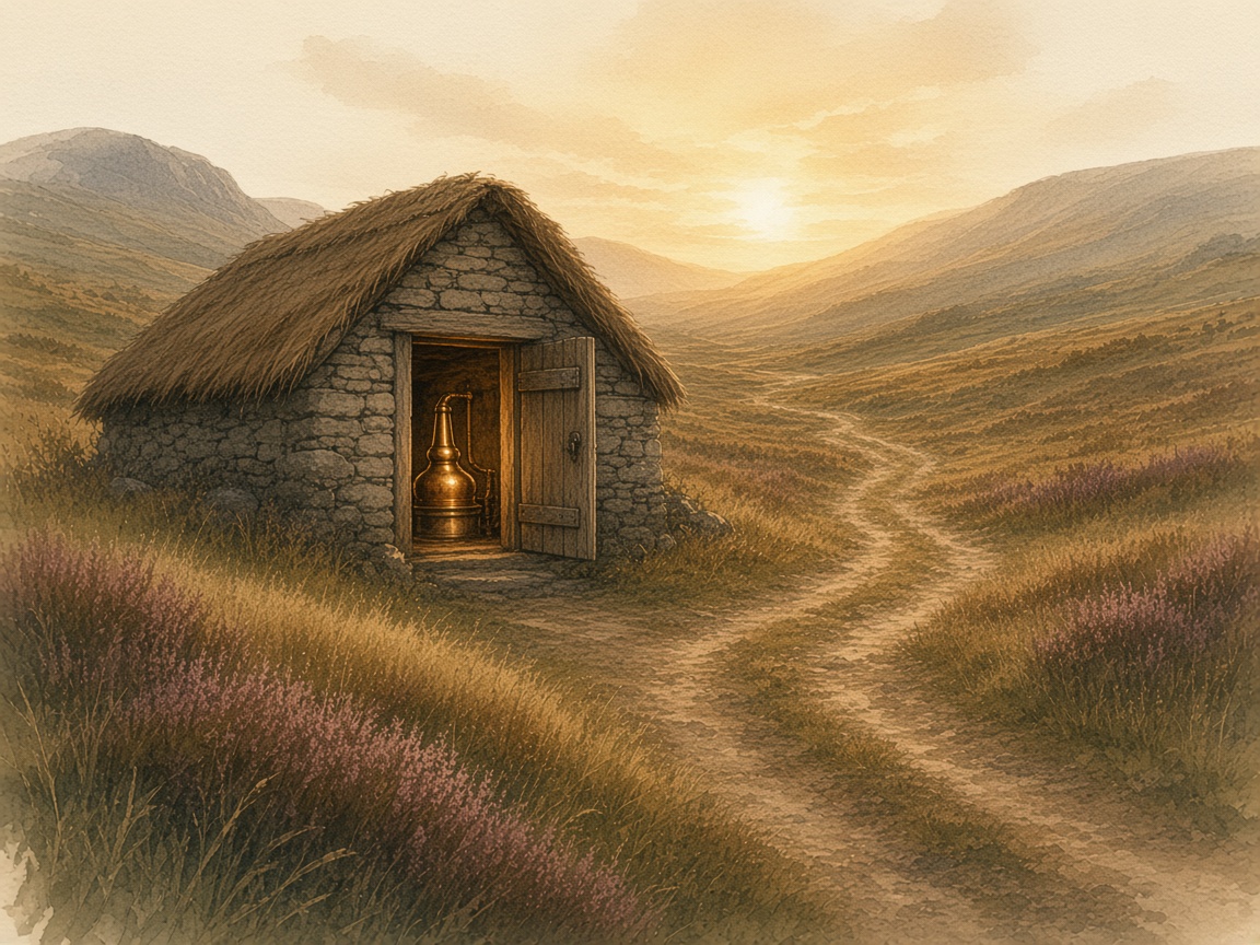 Watercolour of a copper still in a stone steading, with hills beyond