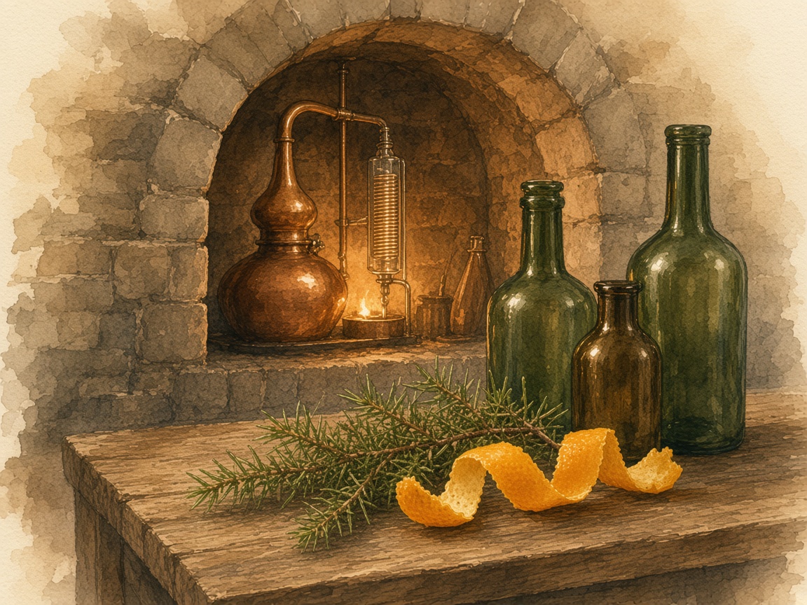 Watercolour of a copper gin still in a stone arch, with juniper and citrus peel