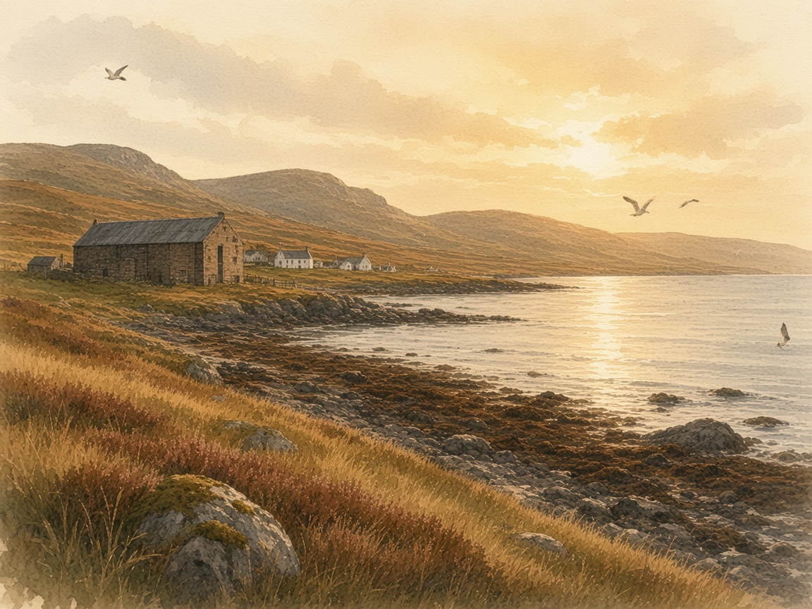 Watercolour of a stone warehouse and white cottages on an island shore