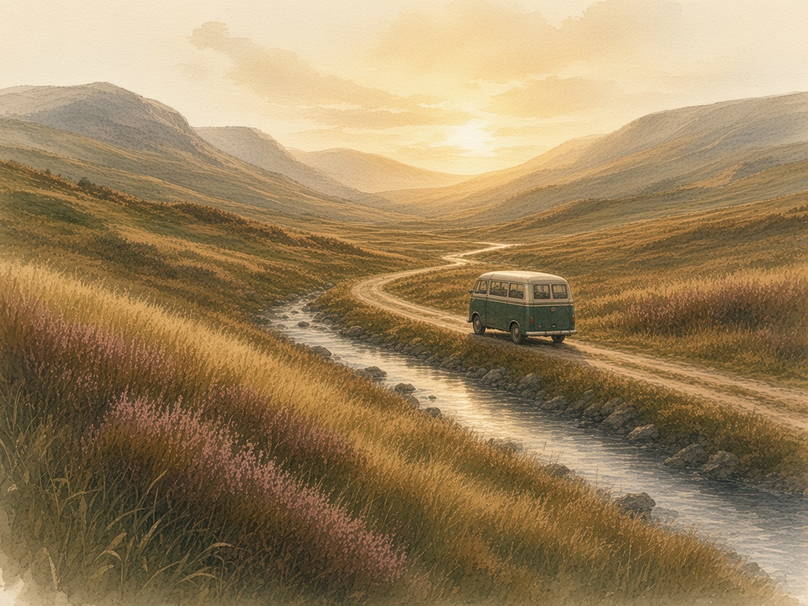 Watercolour of a small coach on a road through a Highland glen